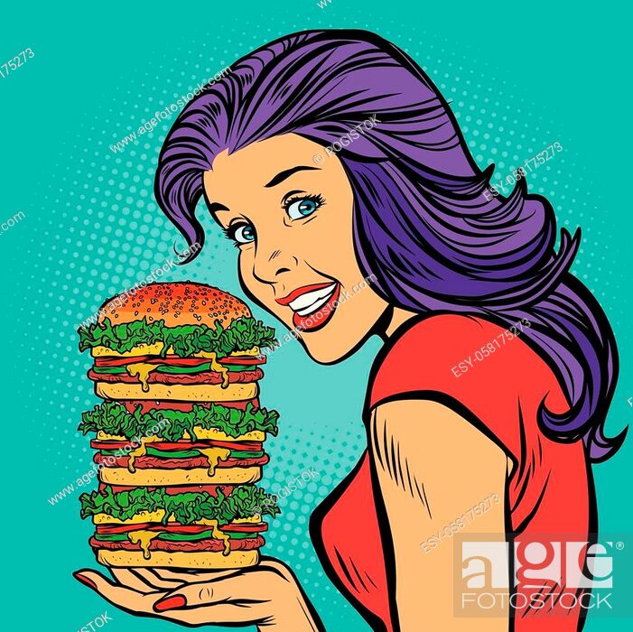 giant Burger. Hungry woman eating fast food. Comic cartoon pop art retro  illustration vector drawing, Stock Vector, Vector And Low Budget Royalty  Free Image. Pic. ESY-058175273 | agefotostock