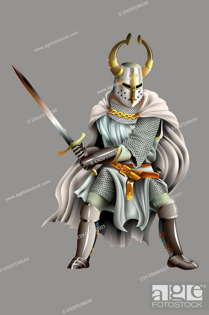 Stock Vector: Heavy armored Crusader, Knight of Order, with a sword in his hands, vector illustration with mesh gradient.