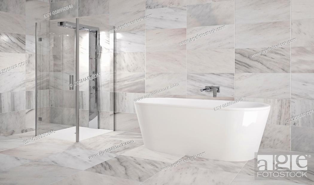 Stock Photo: luxury bathroom with marble tiles - Illustration.