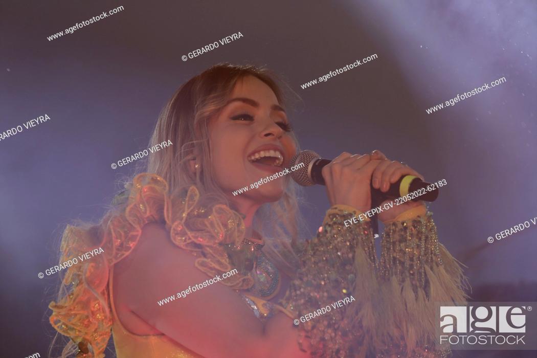 Stock Photo: MEXICO CITY, MEXICO - MAY 22, 2022: Singer María Fernanda Alvo Díaz of the La Sonora Santanera performs on stage during the Concert offered for mothers as part.