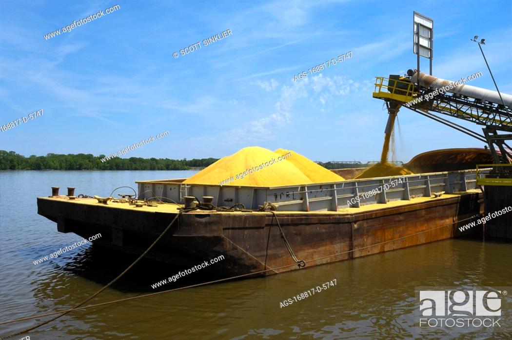 Stock Photo: Agriculture - Ethanol production plant. Ground corn being loaded onto a barge on the Mississippi River after it has been used for ethanol production.