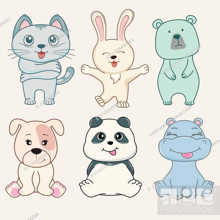Cute funny cartoon animals characters cat, bunny, bear, dog, panda and hippo,  Vecteur de Stock, Vecteur et Image Low Budget Royalty Free. Photo  ESY-058494661 | agefotostock