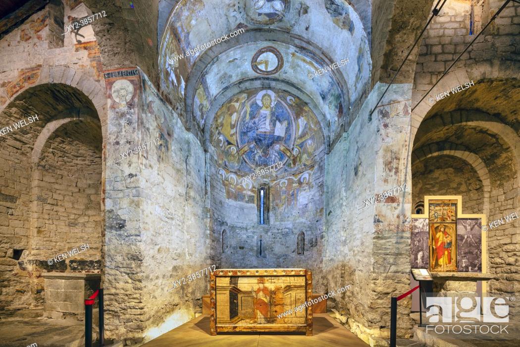 Stock Photo: Interior of Romanesque church of Sant Climent, consecrated in 1123. The chancel area. Taüll, Lleida Province, Catalonia, Spain.