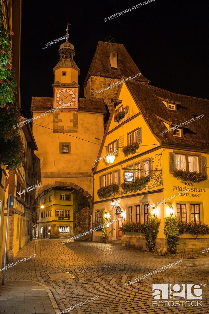 Stock Photo: 12th century Markusturm (Markus Tower) and Röderbogen (Roeder Arch) with timbered houses at night, Rothenburg ob der Tauber, Bavaria, Germany, Europe.