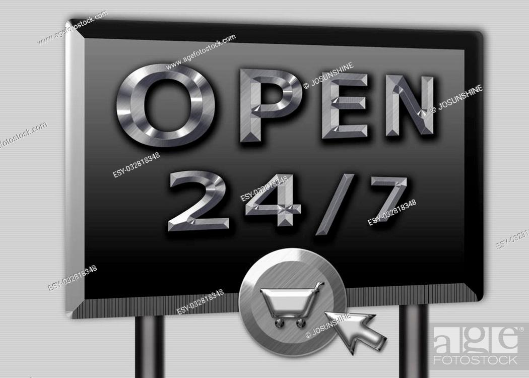 Imagen: 3D Online web shopping cart sign open 24 - 7 in brushed metal.