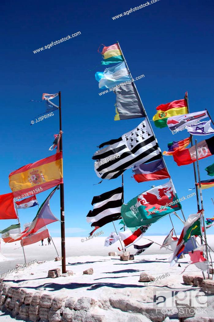 Stock Photo: Flags in desert of Salar de Uyuni, Bolivia.