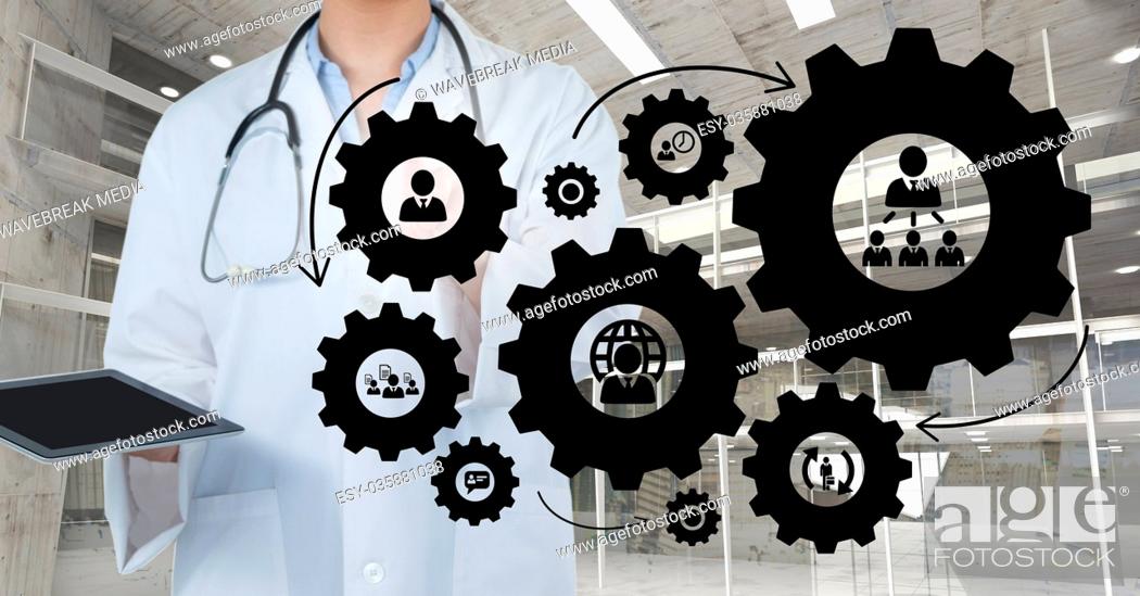 Stock Photo: Doctor woman interacting with people in cogs graphics against office background.