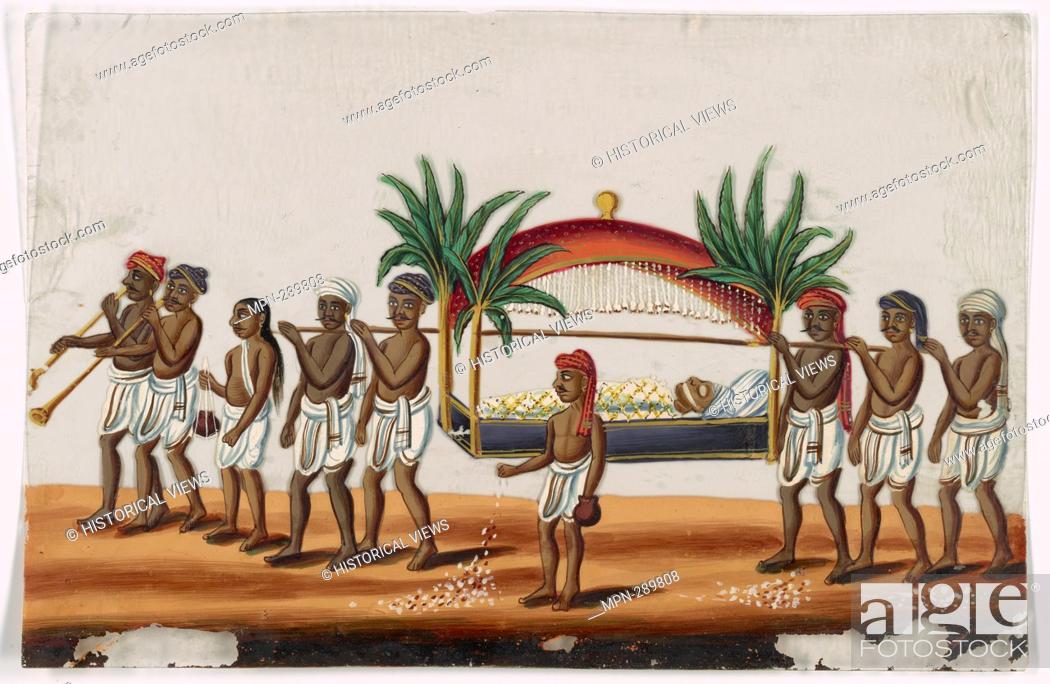 Stock Photo: Funereal procession, red palanquin with reclining figure, 6 bearers and 3 attendants. Indian coloured drawings: a collection of 177 original paintings on ""talc.