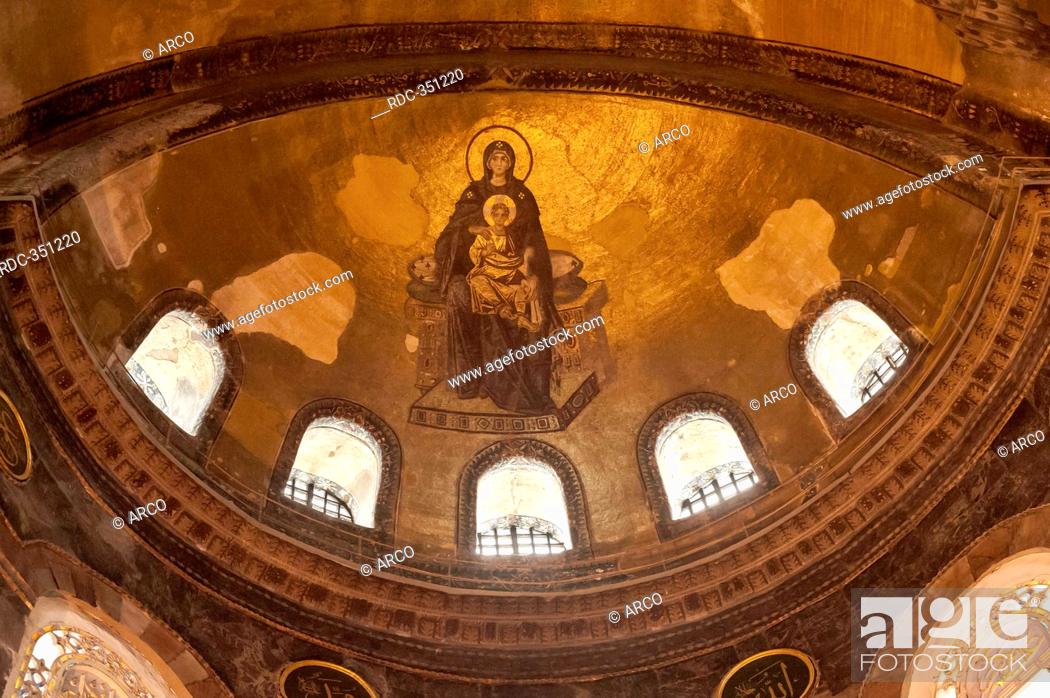 Stock Photo: Apse mural mosaic of the Theotokos, representing the Virgin Mary and the Child, Hagia Sophia, today museum, Istanbul, Turkey / Ayasofya Camii Muzesi.