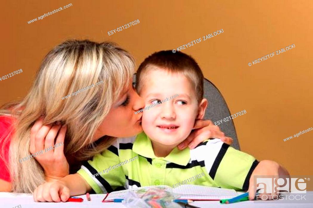 Stock Photo: mother and son drawing together.