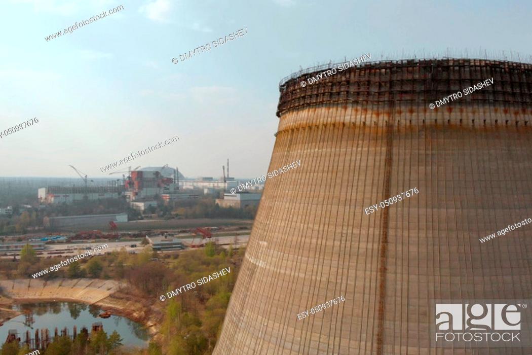 Stock Photo: Chernobyl nuclear power plant, aerial view. Sarcophagus over a nuclear power plant in Chernobyl, Ukraine. Landscape top view of the nuclear power plant in.