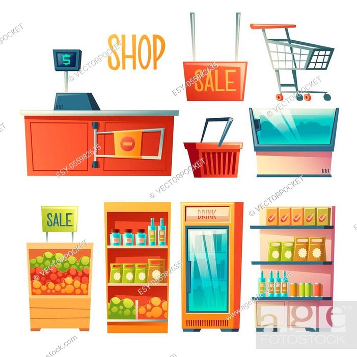 Grocery store equipment, furniture cartoon set isolated on white  background, Stock Photo, Picture And Low Budget Royalty Free Image. Pic.  ESY-055982635 | agefotostock