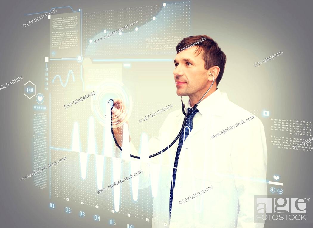 Stock Photo: healthcare, new technology and medicine concept - middle-age male doctor with stethoscopeand cardiogram.