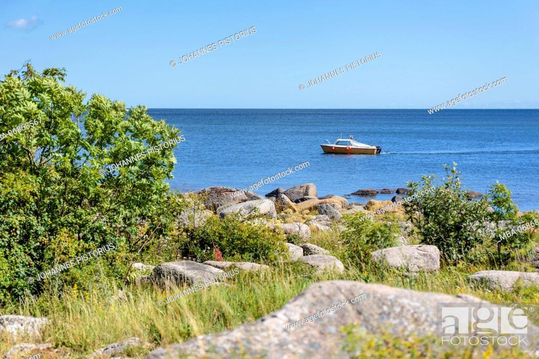 Stock Photo: Fishing boat in front of the east coast of Bornholm south of Årsdale, Europe, Denmark, Bornholm,.