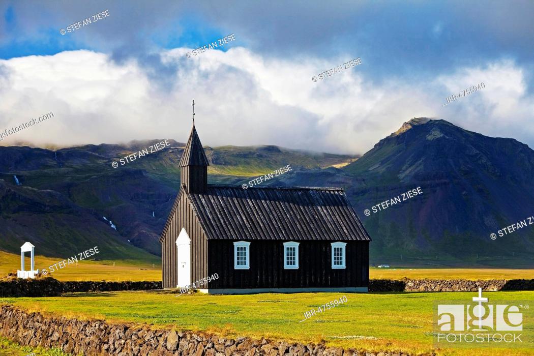 Stock Photo: Black wooden church off Bergen, Budir Kirka, Budir, peninsula Snæfellsnes, West Iceland, Vesturland, Iceland.