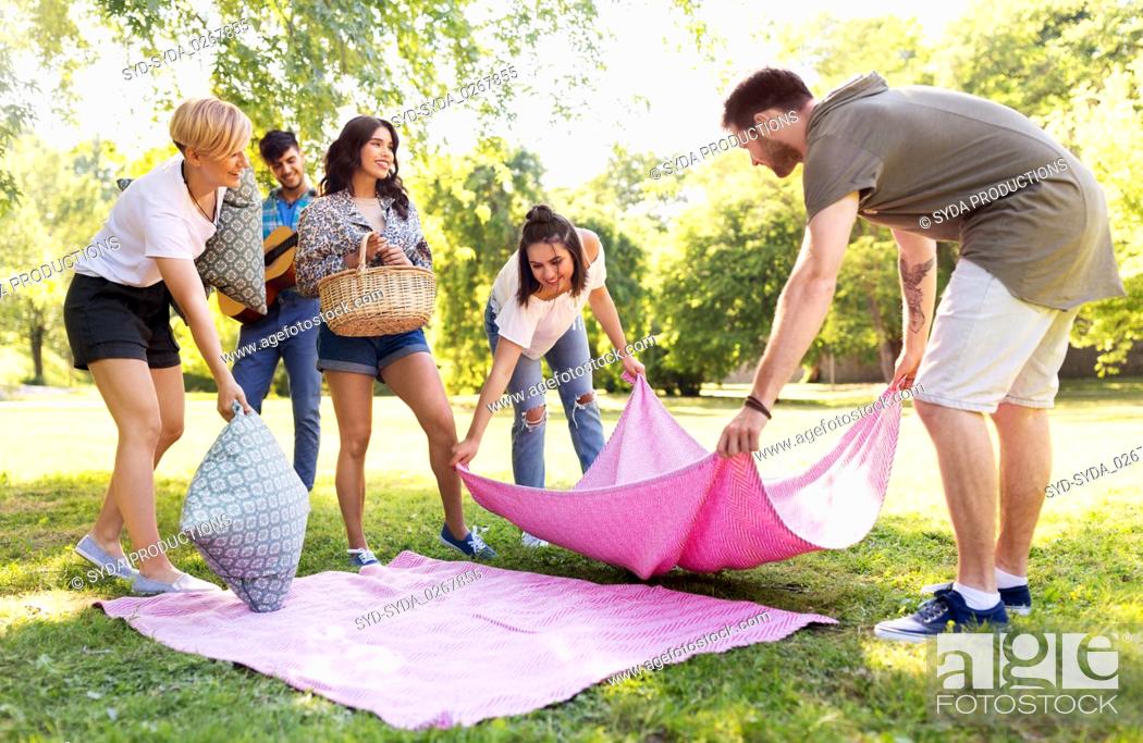 Stock Photo: friends arranging place for picnic at summer park.