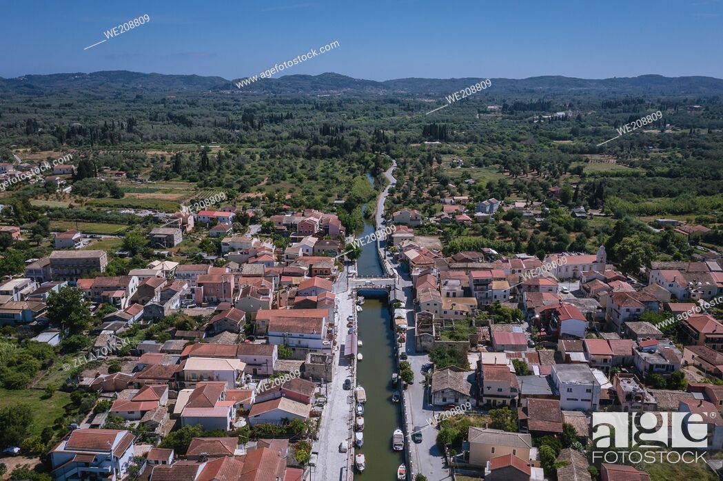 Stock Photo: Aerial drone view of channel in Lefkimmi town on the island of Corfu, Ionian Islands, Greece.