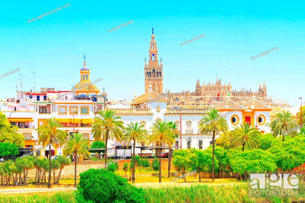 Stock Photo: View on downtown of Seville and Guadalquivir River Promenade. Spain.