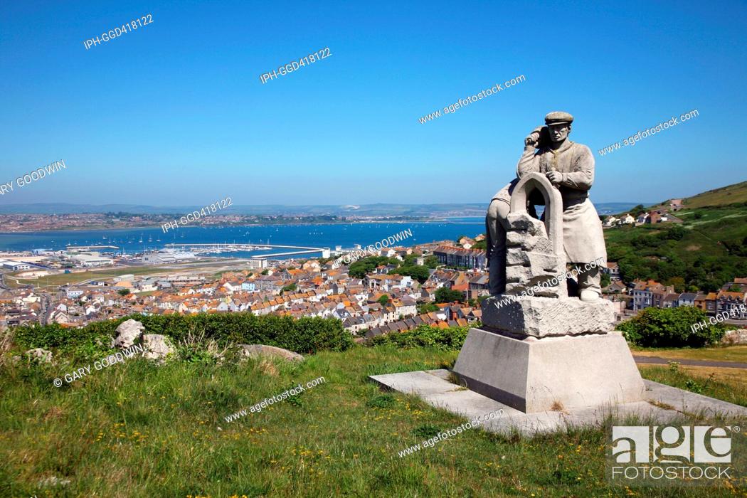 Stock Photo: The Spirit of Portland sculpture overlooking Portland Harbour, venue for the sailing events of the 2012 Olympics.