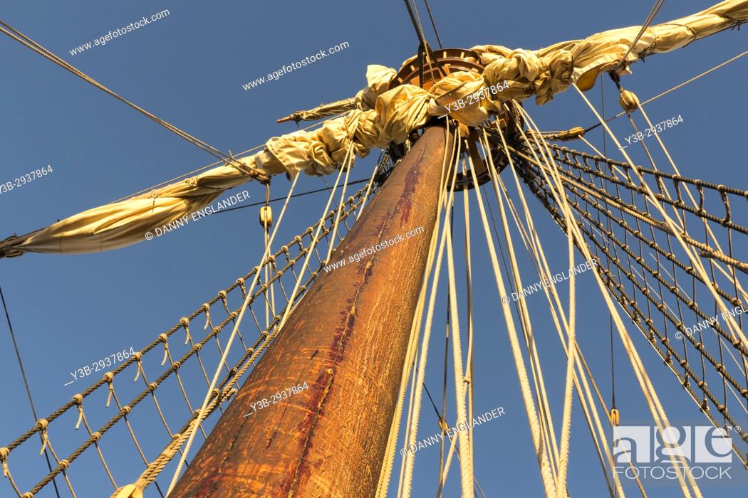Stock Photo: Close-up detail of a historic sailing ship, rigging, and mast in San Diego bay.