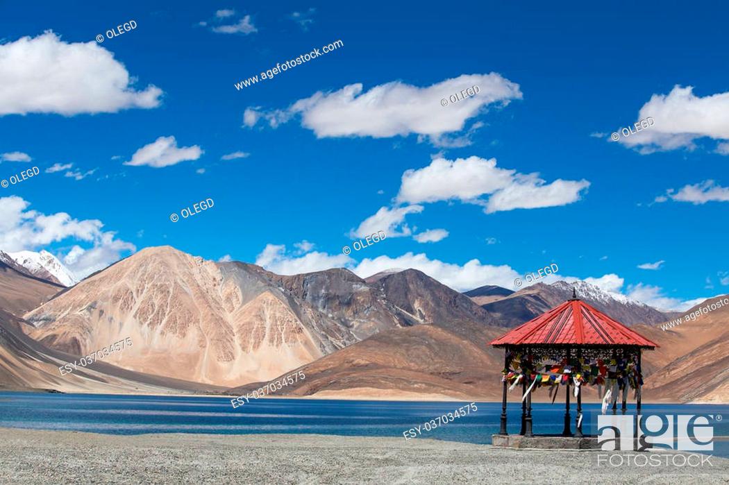 Stock Photo: The sunny day at Pangong Lake. Pangong Lake, is an endorheic lake in the Himalayas situated at a height of about 4, 350 m (14, 270 ft).