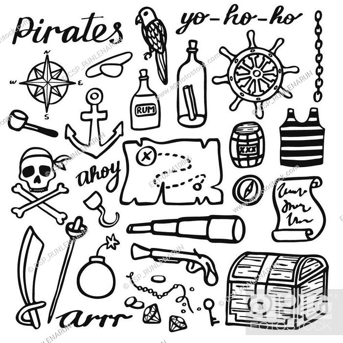 Pirate set, sea and treasures. Hand-drawn cartoon collection, Stock Vector,  Vector And Low Budget Royalty Free Image. Pic. ESY-024410886 | agefotostock