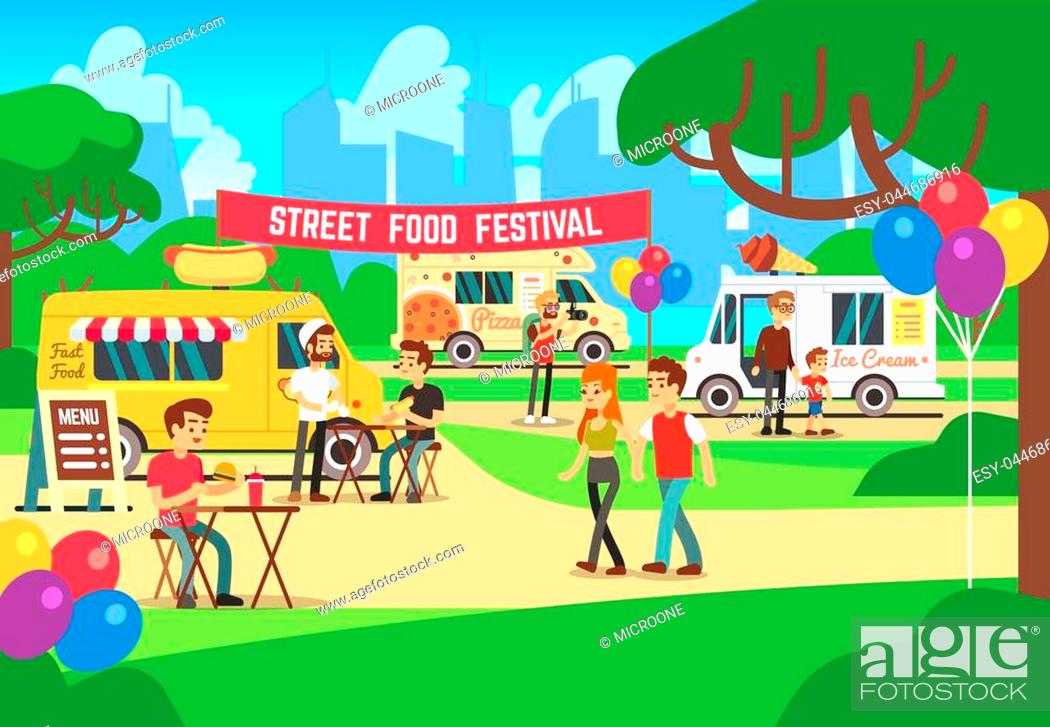 Cartoon street food festival with people and trucks vector background,  Stock Vector, Vector And Low Budget Royalty Free Image. Pic. ESY-044686916  | agefotostock