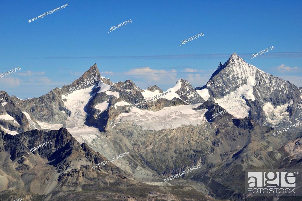 Stock Photo: Valais Alps with Zinalrothorn, 4221 m, and Weisshorn, 4505 m, seen from the Klein Matterhorn, Zermatt, Canton of Valais, Switzerland.