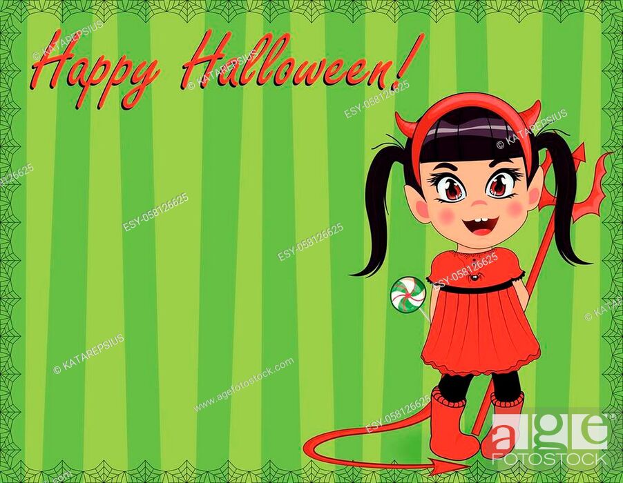 Vector cartoon illustration of little cute naughty baby girl in red devil  imp costume framed with..., Stock Vector, Vector And Low Budget Royalty  Free Image. Pic. ESY-058126625 | agefotostock