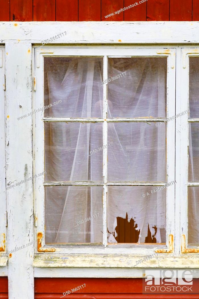 Stock Photo: Godegard, Sweden Windows and drapes in an abandoned house.