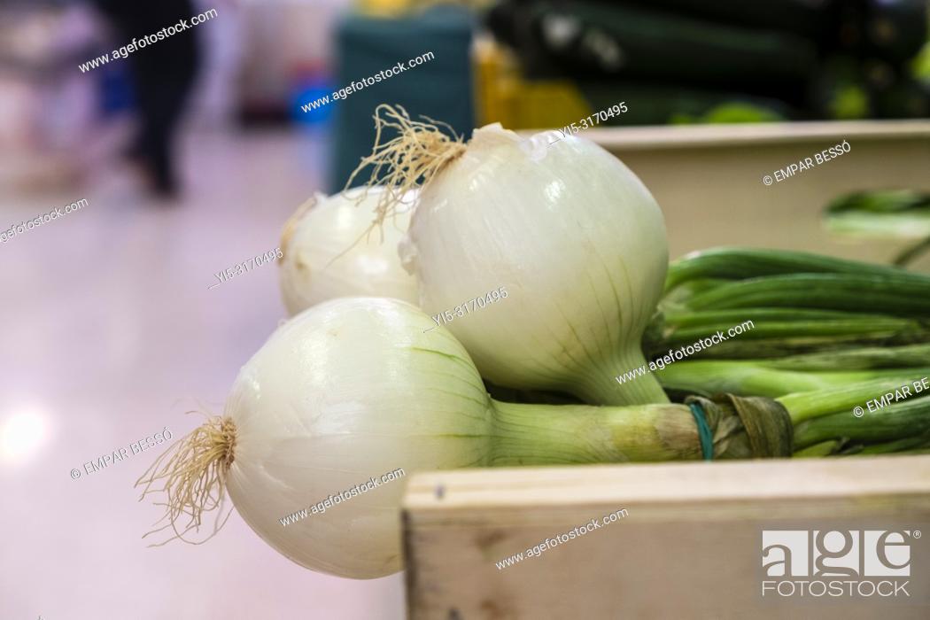 Stock Photo: Spring onions for sale in market. Valencia, Spain.
