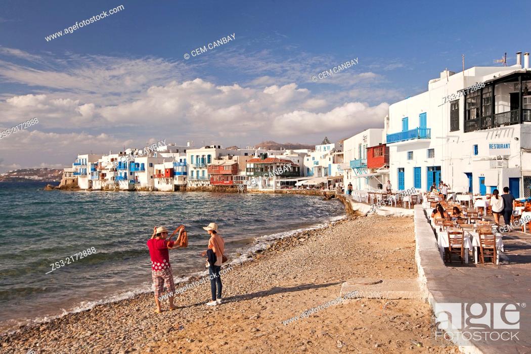 Stock Photo: Little Venice and the restaurants on a cloudy day, Mykonos, Cyclades Islands, Greek Islands, Greece, Europe.