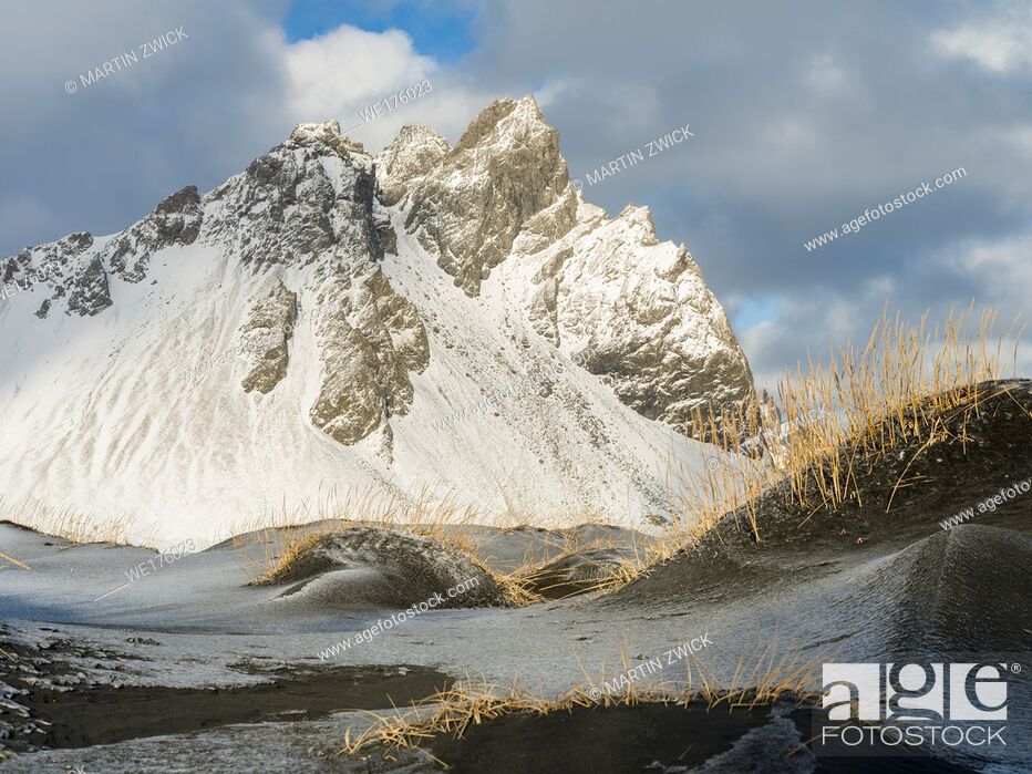 Stock Photo: Coastal landscape with dunes at iconic Stokksnes during winter and stormy conditions. europe, northern europe, iceland, february.
