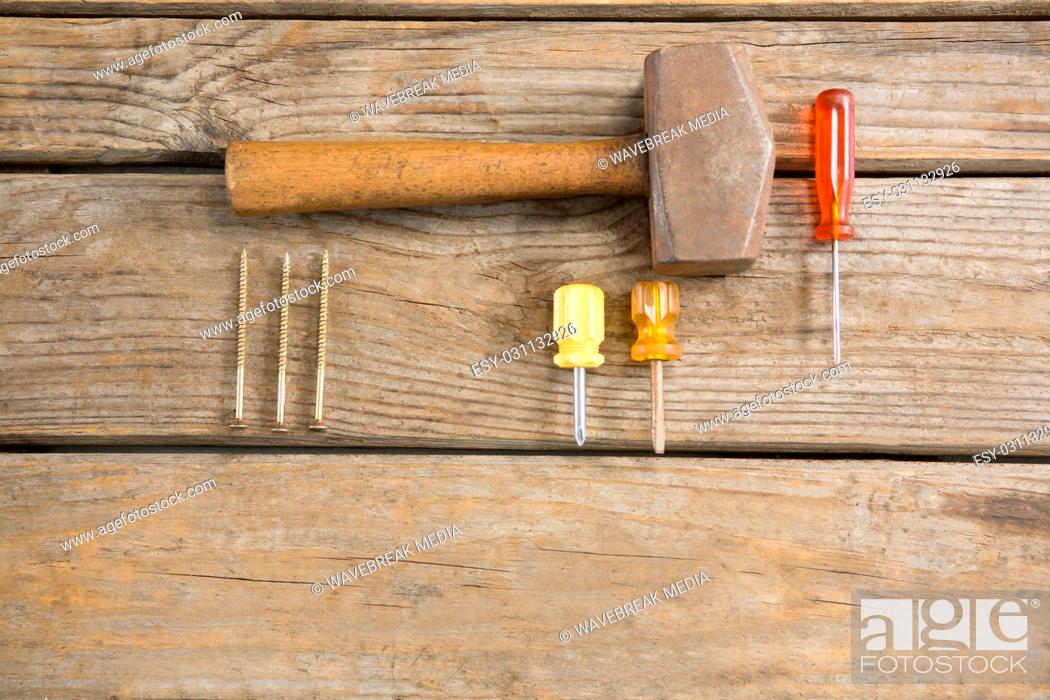 Stock Photo: Overhead view of hand tools.