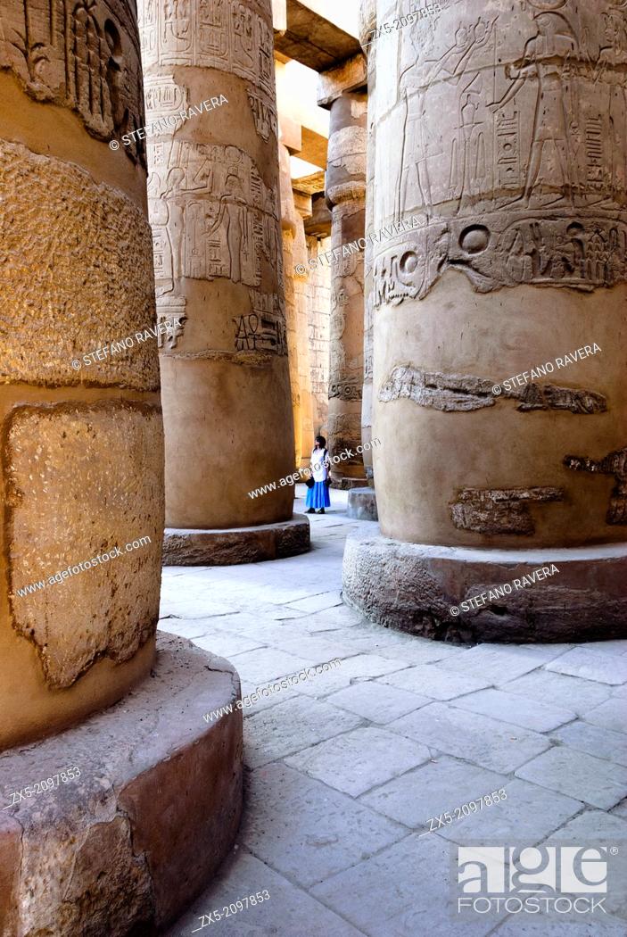 Stock Photo: Colonnade of the Great Hypostyle Hall in the Precinct of Amun-Ra - Karnak Temple Complex - Luxor, Upper Egypt.