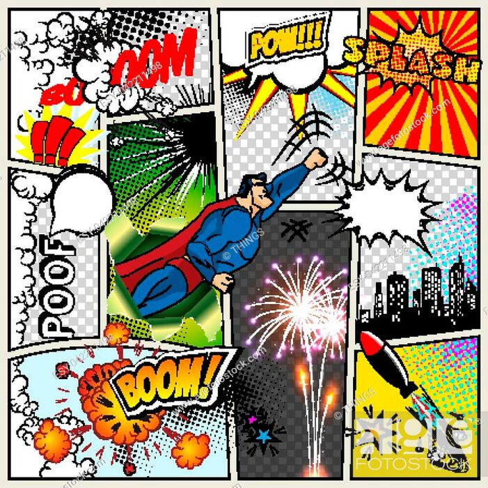 Mock-up a typical comic book page. Vector Comics Pop art Superhero concept blank layout template..., Foto de Stock, Vector Low Budget Royalty Free. Pic. ESY-042211498 | agefotostock