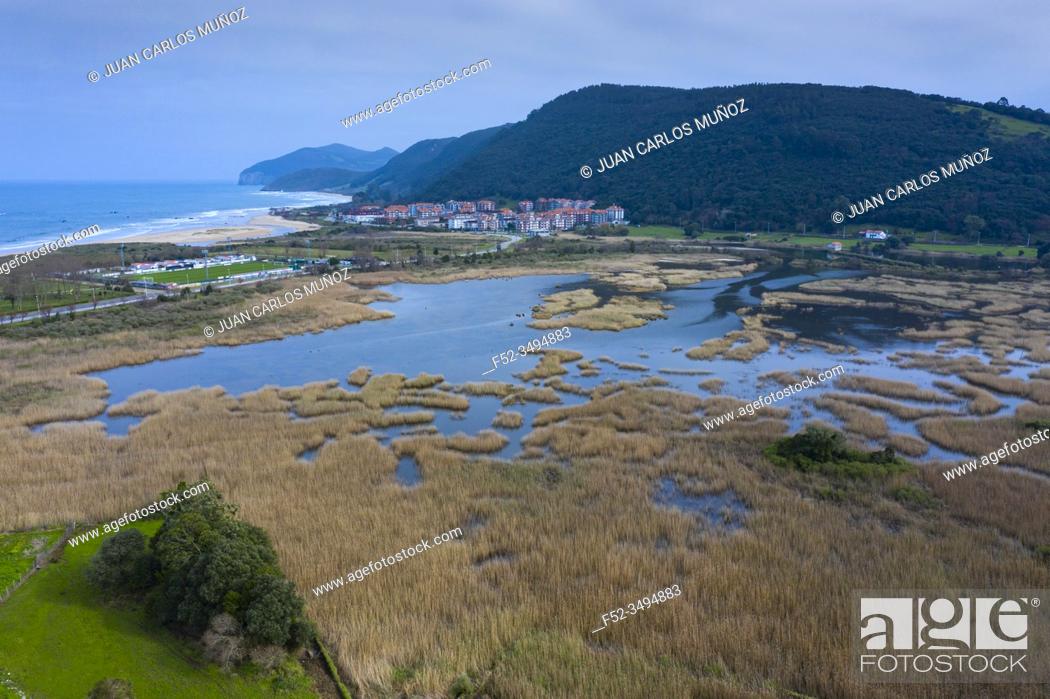 Stock Photo: Aerial view of the Victoria marshes, Noja. Marismas de Santoña, Victoria y Joyel Natural Park, Cantabrian Sea, Cantabria, Spain, Europe.