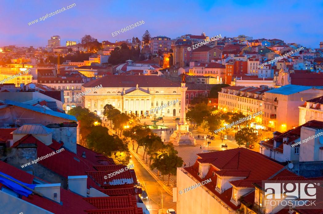 Stock Photo: Aerial view of Rossio square at twilight. Old Town of Lisbon, Portugal.