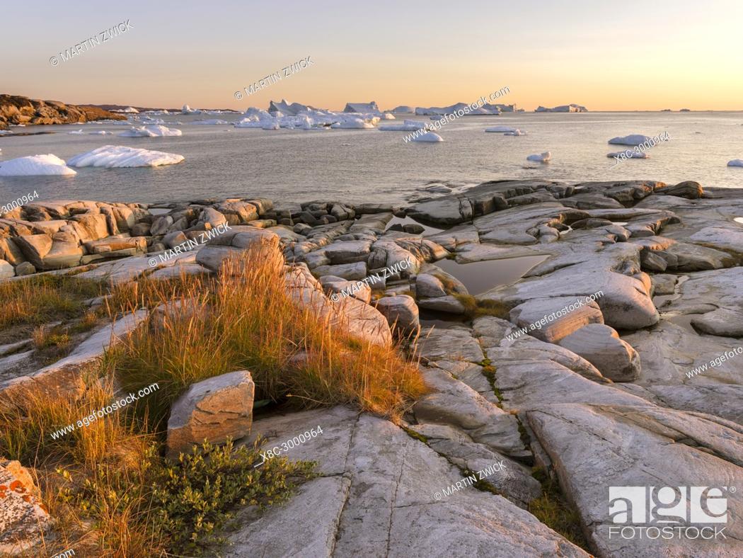 Imagen: Coastal landscape with Icebergs. The Inuit village Oqaatsut (once called Rodebay) located in the Disko Bay. America, North America, Greenland, Denmark.