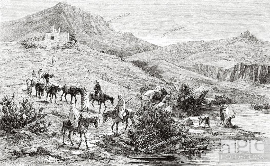Stock Photo: On the way down from the Caid's house. Traras mountains, Northwest Algeria, Africa. Old 19th century engraved illustration.