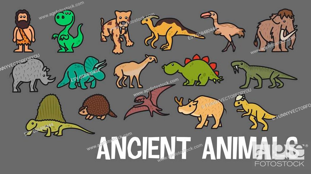 Funny vector cute ancient animal icon set. Ice age stickers, Foto de Stock,  Vector Low Budget Royalty Free. Pic. ESY-058480444 | agefotostock