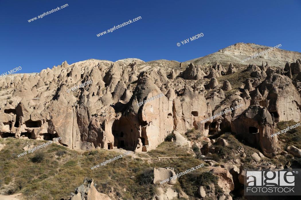 Stock Photo: Rock Formations in Zelve Valley, Cappadocia, Nevsehir City, Turkey.