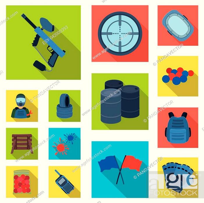 Stock Vector: Paintball, team game flat icons in set collection for design. Equipment and outfit vector symbol stock illustration.