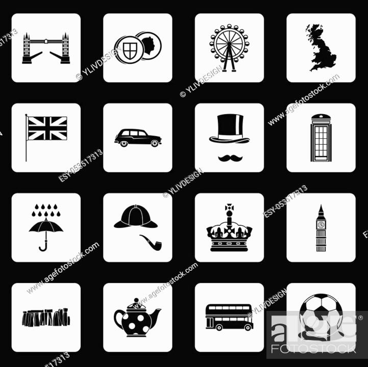Stock Photo: Great Britain icons set in white squares on black background simple style illustration.