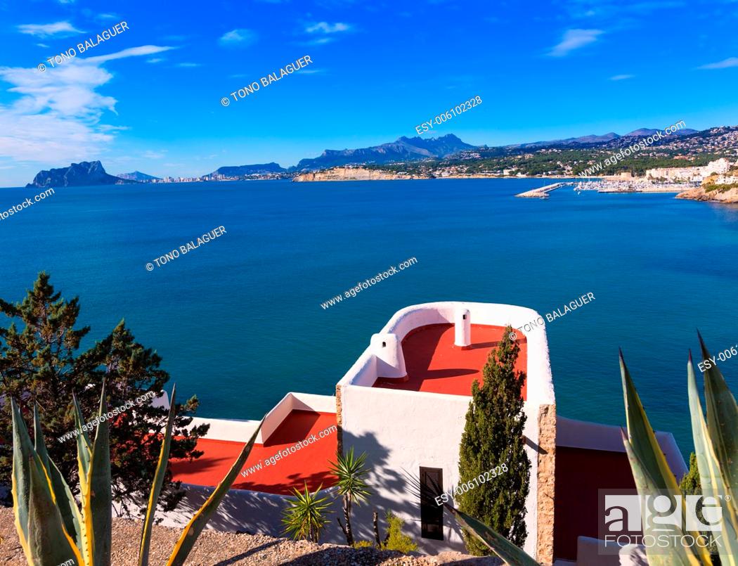Stock Photo: Mediterranean houses in Moraira Teulada at Alicante with Calpe Penon Ifach view.