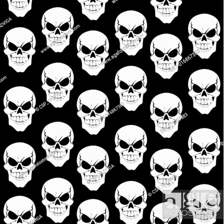 Stock Vector: Seamless pattern from black grinning skulls on black background.