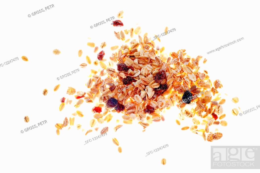 Stock Photo: Muesli mix with oatmeal and raisins.