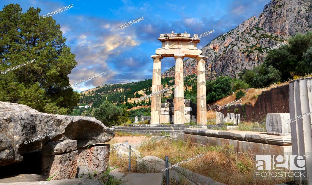 Stock Photo: The circular Delphi Tholos temple with Doric columns, 380 BC, Sanctuary of Athena Pronaia, Delphi Archaeological Site, Greece.