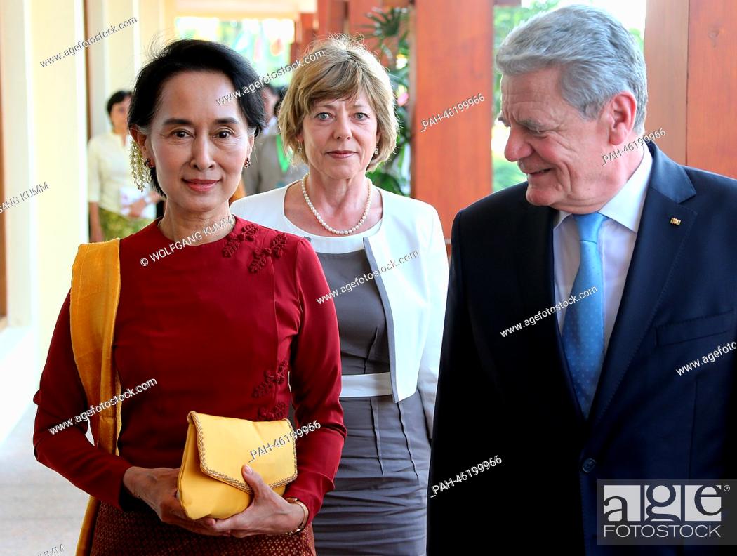 Stock Photo: German President Joachim Gauck and his partner Daniela Schadt (C) meet Nobel Peace Prize laureate and Burmese opposition politician Aung San Suu Kyi in.