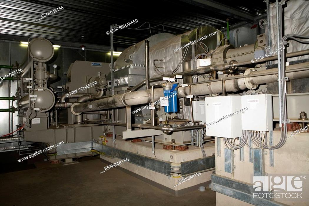 Stock Photo: Biomass plant Bischofferode, Holungen High pressure turbine, low pressure turbine and reduction gearbox assembly from left to right  This 20 MW condensing power.
